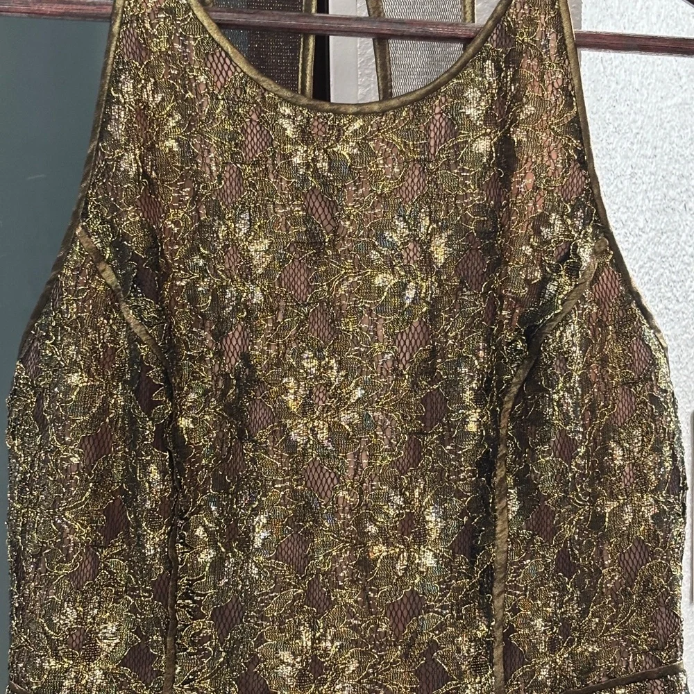 BCBGMaxAzria "Tenya" Sheer Back Mini Dress - Gold & Black Size 6 - Picture 7 of 13